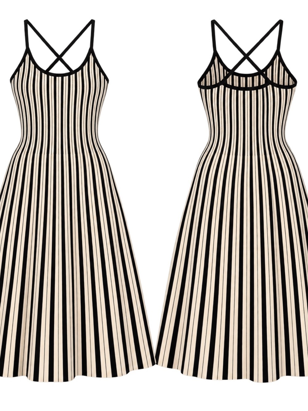 Classic Striped Spaghetti‑Strap Midi Dress - Black & Cream